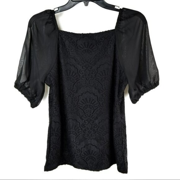 NWT BY DESIGN Sheer Lace Overlay Stretch Puff Sleeve Sweetheart Blouse Top - Picture 4 of 4